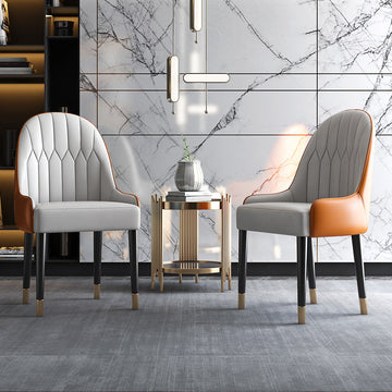 Modern PU Leather Set of 2 Dining Chairs in White & Orange with Metal Legs